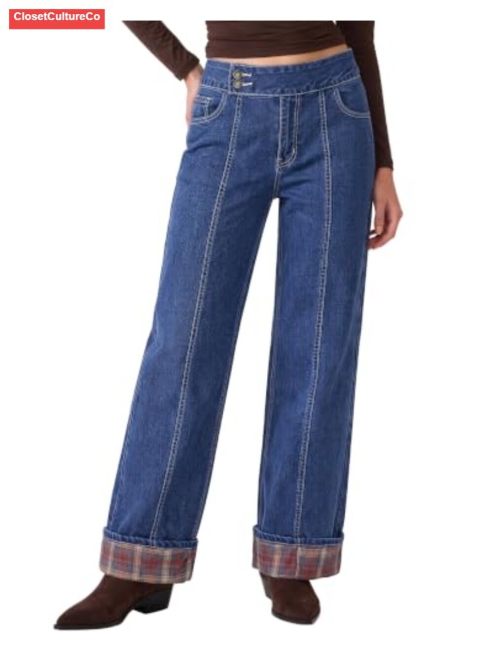 Wide Leg High Rise Jeans Plaid Cuffed Hem Stretch Denim